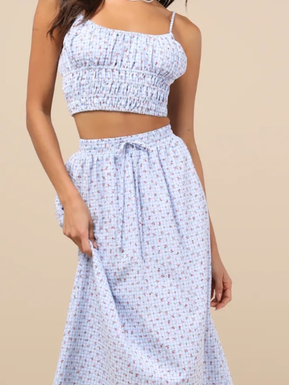 Delightful Blue Gingham Two-Piece Midi Dress
